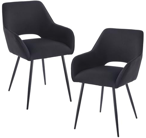 2er Set Esszimmerstühle Modern: Ergonomische Velours Küchenstuhl mit Armlehnen Rückenlehne Schwarze Metallbeine Komfortabel für Esszimmer Wohnzimmer Küche - Einfache Montage (2, Schwarz)