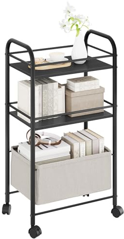 YITAHOME 3 Tier Storage Trolley, Rolling kitchen cart with Wooden board, Metal bracket and Woven Basket, storage trolly with Lockable Wheels, Handle, book cart for office, Living Room (Black)