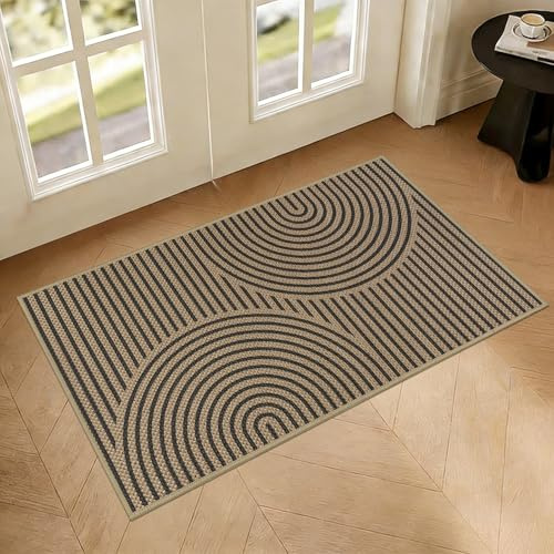 Homcomodar Non Slip Front Door Mat Inside 43 x 75 cm Geometric Lines Low Profile Doormats Washable Door Mats Indoor Dirt Trapper Absorbent Doormat for Entrance Kitchen Bedroom, Brown