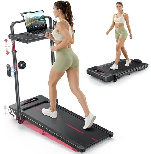 Tapis de Marche Pliable Inclinable à 7%, avec Barres de Soutien Sétractables. Tapis de Course Inclinable - Table Amovible, 1-12 km/h, Moteur Silencieux, Walking Pad Maison/Bureau (120kg Max)