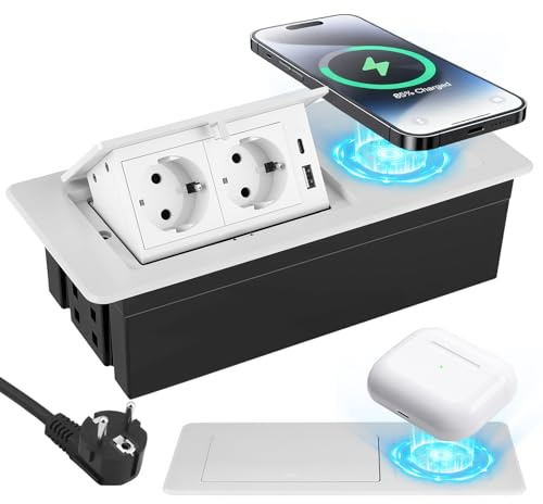 Enchufe empotrable mesa con carga inalámbrica 15W y USB-C PD20W – Enchufe retráctil para encimera y escritorio, 2 tomas Schuko + USB-A, aluminio inyectado, blanco