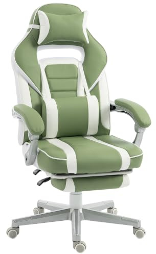 HOMCOM Silla Gaming con Altura Ajustable Reposapiés Retráctil Verde | Silla Gamer Reclinable, Soporte Lumbar, Reposacabezas Desmontable, para Oficina, Estudio