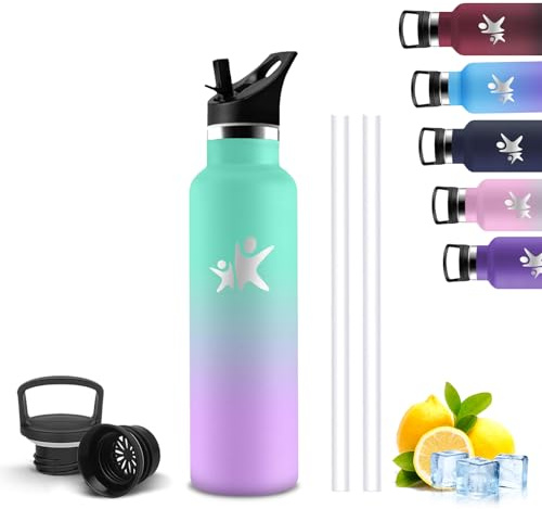 Trinkflasche Edelstahl- 0.75L- Thermosflasche, BPA-Frei, Trinkflasche mit Strohhalm, 24h Kalt & 12h Warm, Auslaufsicher, Wasserflasche mit Filter, für Camping, Fitness, Fußball, Yoga, Wandern