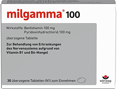 milgamma® 100 mg Benfotiamin (Vitamin B1) + 100 mg Vitamin B6, 30 Tabletten | Bei Neuropathien & Nervenschmerzen durch Vitamin-B1-/B6-Mangel, 1x täglich, hohe Bioverfügbarkeit*, laktosefrei & glutenfrei