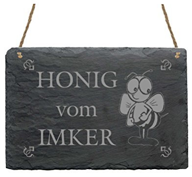 Schiefertafel HONIG VOM IMKER - Schild mit Motiv lustige Biene - ca. 22 x 16 cm