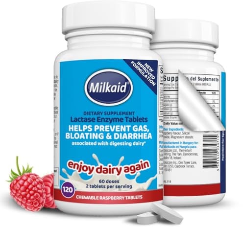 Milkaid Lactase Enzyme Chewable Tablets for Lactose Intolerance Relief, Prevents Gas, Bloating & Diarrhoea, Gluten Free & Vegan, Rasberry, 120 Count