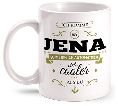 Fashionalarm Tasse Ich komme aus Jena - beidseitig bedruckt mit coolem Spruch | Geschenk Idee für Jenaer Männer & Frauen, Farbe:weiß