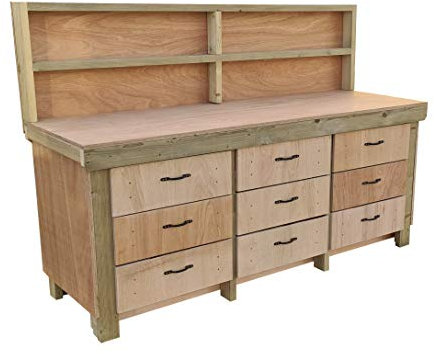 Wooden Workbench Tool Cabinet With Back Panel - 18mm Eucalyptus Hardwood Top - Industrial Heavy-Duty Work Table (8ft)