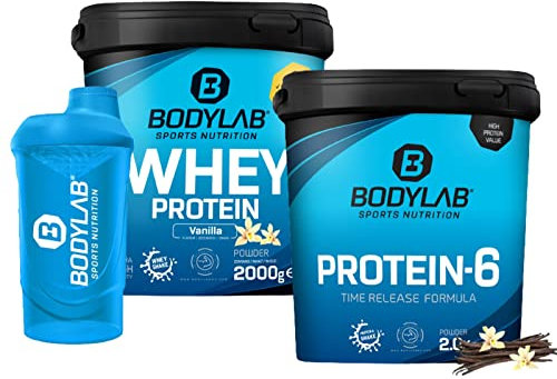 Bodylab24 Megadeal 24 Stunden Eiweiß, Whey Protein Vanille, Protein-6 Vanille und Shaker für Kraftsport und Fitness, kann den Aufbau und Erhalt von Muskelmasse unterstützen