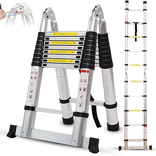 ZH-VBC 2.6m/ 3.2m/ 3.8m/ 4.4m/ 5m/ 5.6m Alu-teleskopleiter Multifunktionsleiter Klappleiter mit Stabilisator, Aluleiter Klappleiter für Treppe Innen & Außenbereich Haushalt,1.3m+1.3m/4.2ft+4.2ft
