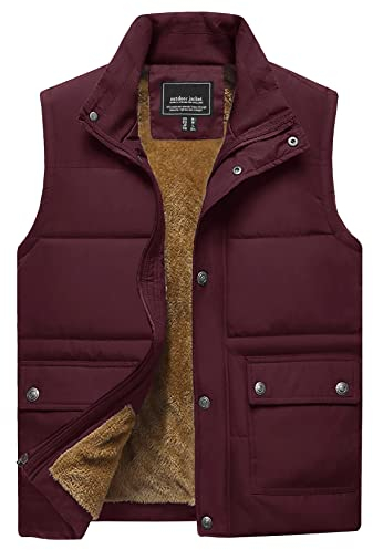 TACVASEN Mens Body Warmers Winter Fleece Sleeveless Jacket Thermal Outerwear Gilets Quilted Windproof Warm Vests for Outdoor Fishing Wine, XL
