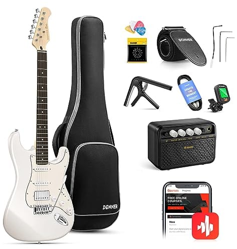 Donner Electric Guitar Kit, Full Size 39 Inch Solid Body E Guitar Set with Amplifier, Bag, Capo, Strap, String, Tuner, Cable and Picks (Polar White)