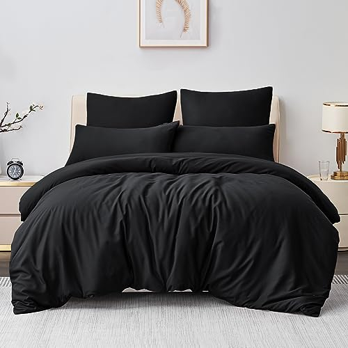 Aisbo Bettwäsche 220x240 3teilig Schwarz - Bettbezug 240x220 cm 3tlg mit Kissenbezug 80x80 cm, ÖKO-TEX Bettwäsche Set Mikrofaser mit Reißverschluss, Weich und Bügelfrei