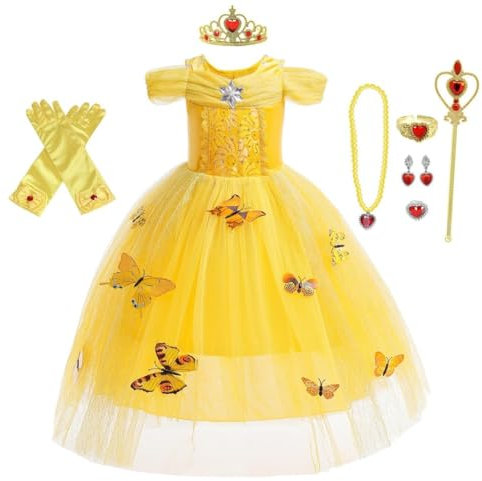 Lito Angels Vestito da Principessa Belle Costume la Bella e la Bestia con Accessori per Bambina Taglia 7-8 Anni, Giallo