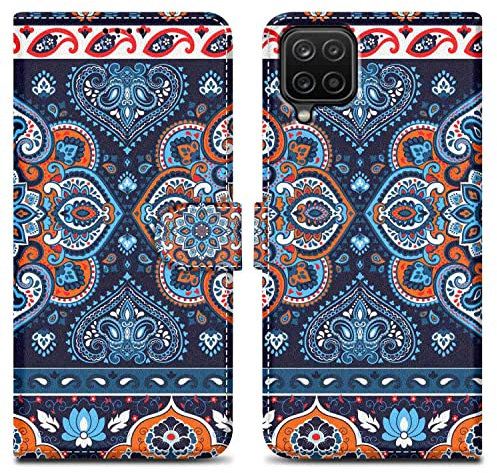 Cadorabo Hülle kompatibel mit Samsung Galaxy A12 / M12 - Design Blaues Mandala No. 1 - Schutzhülle mit Magnetverschluss, Standfunktion und Kartenfach