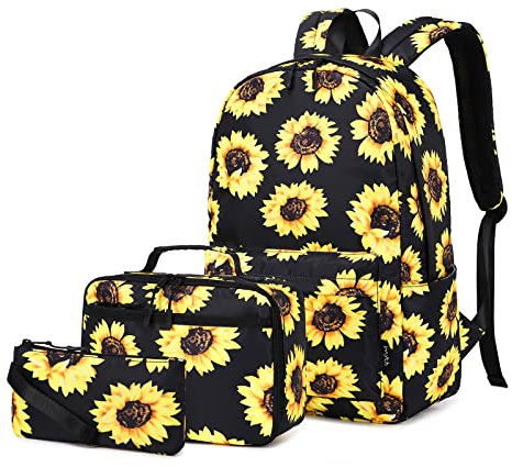 Imyth Backpack for Teen Girls School Gift Bookbag Lunch Box Pencil Bag 3 in 1 Set, Sunflower, L, School