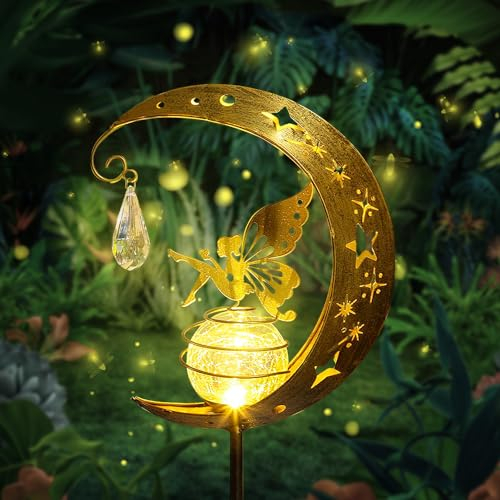 HIQE-FL Mond Solarleuchten Garten Deko,Metall Mond Solarleuchten Garten Deko,Gartenleuchte Wasserdichte Wegeleuchte Mit Blumenfee,Leuchten Balkon,Solarlampen für Außen