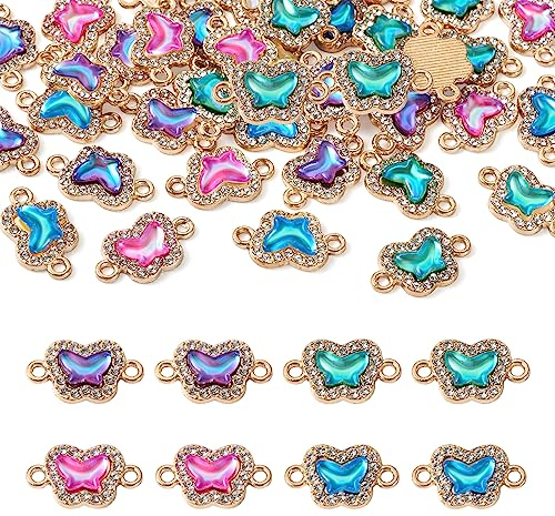 PandaHall 48 Stück Schmetterlings-Strass-Verbindungs-Anhänger mit Insekten-Schmetterling-Anhänger mit zwei Schlaufen für Armband, Schmuck, Basteln, Strass