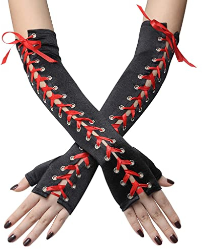 SEAUR Damen Armstulpen Goth Punk Satin Handschuhe Fingerlos Rot Schnürung Armwärmer für Cosplay Karneval Party Halloween Kostüm - 1 Paar