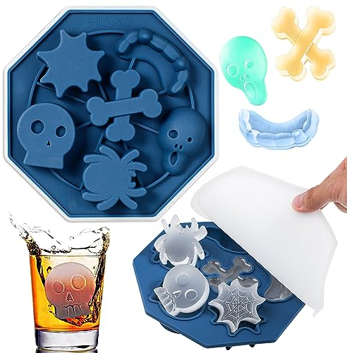 Webake Halloween Ice Cube Tray Silicone with Lids 2 Pcs Skull Spider Ghost Bone Teeth Spider Web Ice Cube Moulds for DIY Halloween Ice, Candy, Jelly, Chocolate, Jello