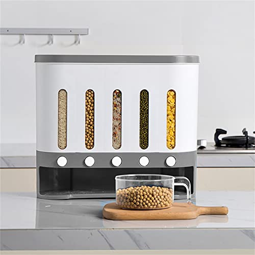 Yolancity Müslispender Wand-Montiert Cereal Dispenser 5 in 1 Küche Trockenfutterspender 10L Grob Kornfass Eimer Reis Aufbewahrungsbox mit 1 x Becher, 40 x 15 x 34cm