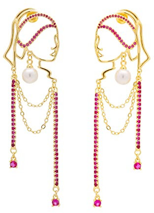 Boucles d'oreilles pendantes uniques en forme de visage abstrait pour femme et fille - Avec strass et pampilles délicates - Bijoux tendance - Longues boucles d'oreilles légères, Cuivre