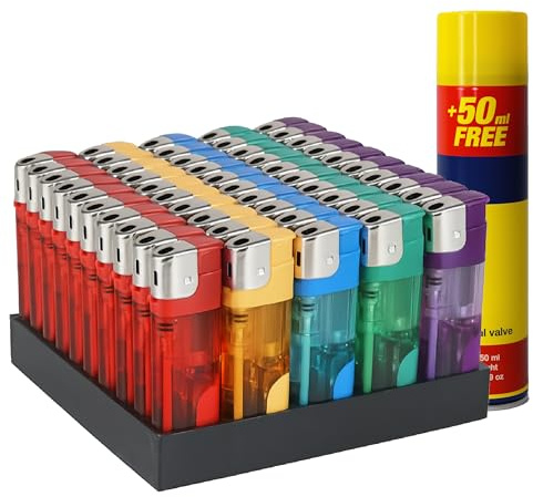 Meown Multicolour Electronic Lighters, Refillable + 1 300m Gas, Child-Safe with Adjustable Flame, Transparent – For BBQ, Kitchen, Camping (Pack of 10)