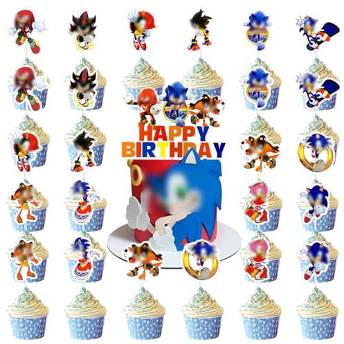 APDDHJ Cartoon Cake Topper - 25pcs Boy Birthday Party Supplies Boy Cupcake Toppers Decorations for Boys Girls Hedgehog Cake Decorations