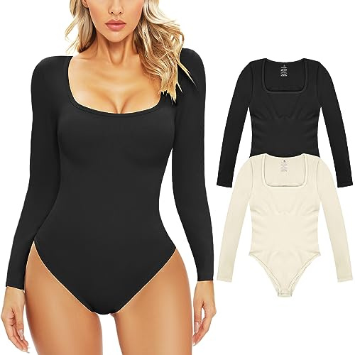 Xnova Body Gainant Femme Col Carré Manches Longues Bodysuit Élasticité Combinaison Jumpsuit Basique Sexy et Chic Amincissant Bodys Femme, Noir + Blanc, M