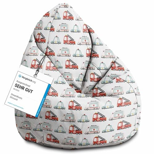 DreamRoots Sitzsack Kinder 80x80x120, Emergency Vehicles | Bean Bag Kinder mit Lehne, Hocker & Bezug, Sitzkissen Boden, Bubibag, mit Füllung, Kinderzimmer