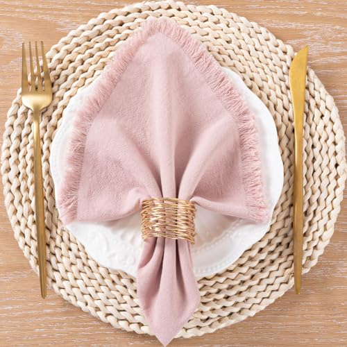 LINXTAR Tovaglioli di stoffa fatti a mano con frangia, confezione da 4 tovaglioli spessi 43 x 43 cm, in cotone e lino, morbidi, versatili, per feste, matrimoni, uso quotidiano, rosa antico