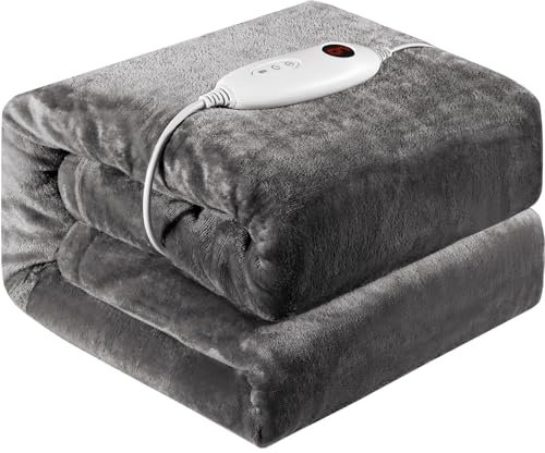 TLGREEN Heizdecke mit Abschaltautomatik 130x180 cm, 160W Flanell Wärmedecke mit 6 Temperaturstufen, 1~9 Stunden Timer, Überhitzungsschutz, Waschbar, Kuscheldecke für Sofa, Bett, Büro (Dunkelgrau)