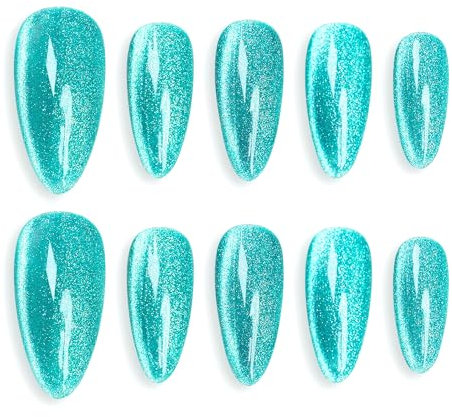 Sun&Beam Nails Handmade Press-on Medium Long Almond Nile Blue Cat Eye Design Charming False Nail Tips 10 Pcs (#119 XS)
