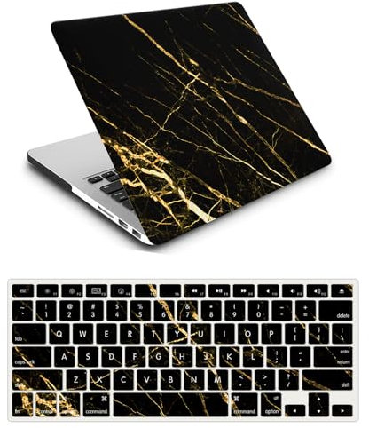 Funda Dura Compatible con MacBook Pro 15 Pulgadas 2015 2014 2013 2012 Modelo A1398 con Pantalla Retina, Plástico Carcasa Delgada Cubierta Protectora & Cubierta para Teclado - Mármol Negro Dorado