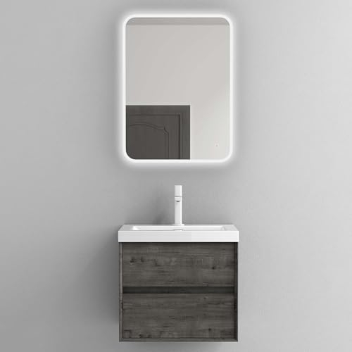 Mai & Mai Badmöbelset Badezimmermöbel Waschbeckenunterschrank 2 Schubladen mit Soft-Close inkl. Waschbecken aus Mineralguss und LED-Badspiegel Grau-braun 60 cm Rimo