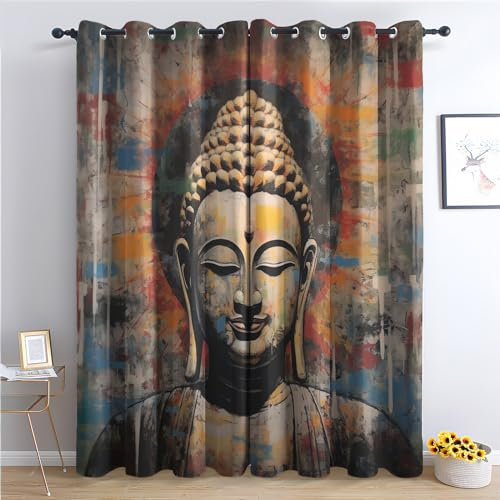 THYUNQ Vorhänge Buddha Motiv, Vorhang Blickdicht Verdunklungsvorhänge Thermovorhang mit Ösen, Gardinen Wohnzimmer Schlafzimmer Fenster, 2er Set Curtains, H 220 x B 140 cm