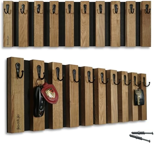 FLEXISTYLE Lamellen Schlüsselbrett Garderobenleiste Holz, Eiche, Hakenleiste, Kleiderhaken, Wandhaken, Edelstahl, Wandgarderobe, Garderobenpaneel, für Flur, Kinderzimmer, Schlafzimmer (60cm 10 Haken)