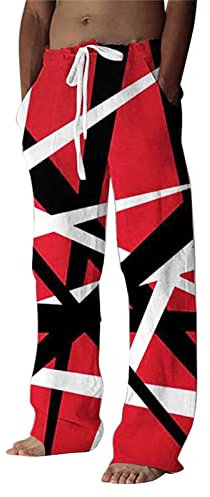 Atmungsaktiv Langgröße Bequeme Outdoorhose Mit Druck Männer Elegante Leinen Herren Hose Lang Outdoor Freizeithose Große Größen Baumwolle Weitem Bein Haushose Mittlerer Taille Jogginghose (Red, XXXL)