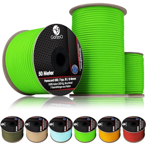 Ganzoo Paracord 550 Seil 4 mm Neon Green, 30 m auf Rolle, 100% Nylon Typ 3 mit 7 Kernsträngen und 32 Mantellitzen, robuste Outdoor-Schnur zum Knüpfen, Abspannen, DIY