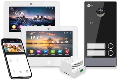 Neolight Videocitofono Bifamiliare WiFi Full HD con 2 Monitor Touch Screen IPS, Kit di Superficie per 2 Famiglie, Interfono con Telecamera, Controllo da Smartphone, 2 Fili