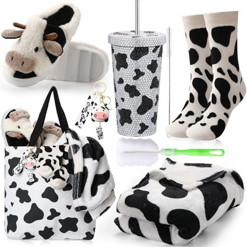 FillTouch 6 Pcs Cow Print Stuff Gifts for Women Includes Tumbler Blanket Socks Slippers Tote Bag Keychain Cow Themed Gifts for Valentine's Day Birthday