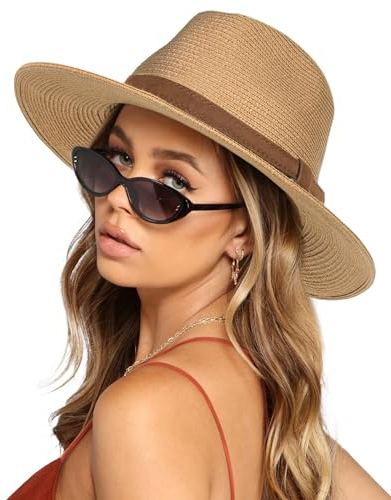FURTALK Sun Hats for Women Men Adjustable Summer Panama Fedora Wide Brim UPF 80+ Foldable Packable Straw Beach Hat, Khaki-Khaki Belt, L-XL