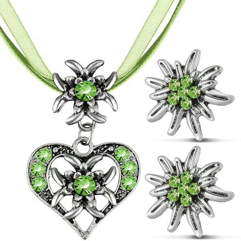 Patelai 3 Stück Trachtenschmuck Set Bayerisch Dirndlschmuck Trachtenkette mit Strass Edelweiß Herz Anhänger und Edelweiß Ohrstecker für Damen Bierfest Trachten Dirndl Outfit Accessoires (Grün)