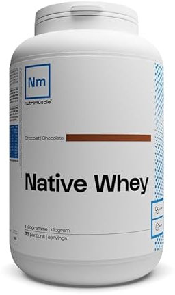 Nutrimuscle Whey Native 1kg Chocolat - Protéine Whey jusqu'à 80% de protéines par dose - 28,6 g de Protéines par does - Lait français - Musculation et Fitness - Prise de Muscle