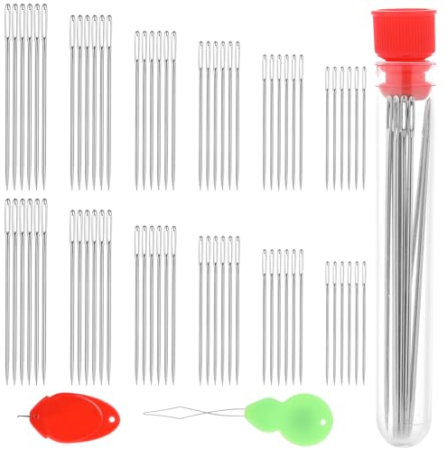 60 Stück Nähnadeln Mit Großem öhr, 6 Größen Sticknadeln mit 2 Einfädelhilfe Tragbar Nadeln Flexibel Stopfnadel Sticknadel für Handnähen Webarbeit Stricken Sticken