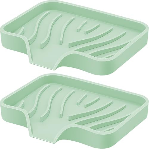 Silicone Soap Dish with Drain, SAISN Kitchen Soap Tray for Shower 2 Pack Self Draining Soap Dish Soft Bathroom Soap Holder for Kitchen Sink Flexible Portable Soap Saver, Light Green