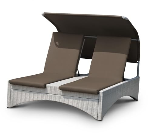 HAPPERS Doppelliege aus Rattan und Aluminium mit Sonnendach, Poolliege, verstellbare Rückenlehne, Strandliege.