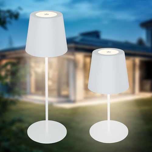 B.K.Licht - Lampada da tavolo a LED senza fili IP44 touch, dimmerabile a passi, batteria ricaricabile e sorgente luminosa intercambiabile, lampada da lettura, lampada da comodino, 36x10,5 cm, bianco