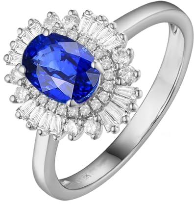 Mesnt Glatter Verlobungsring für Frauen, 18K Weißgold Ring mit 1ct Im Labor hergestellter Saphir und Moissanit, Größe 58 (18.5)