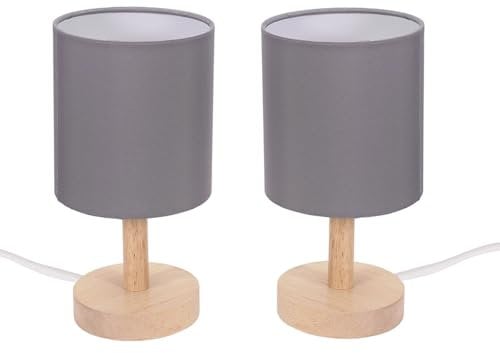 ValueLights | Natural Wood Base Bedside Lamps with Grey Cylinder Fabric Lampshade | Home Décor, Bedside & Desk Lamp | Pair of 2 | Includes Bulb